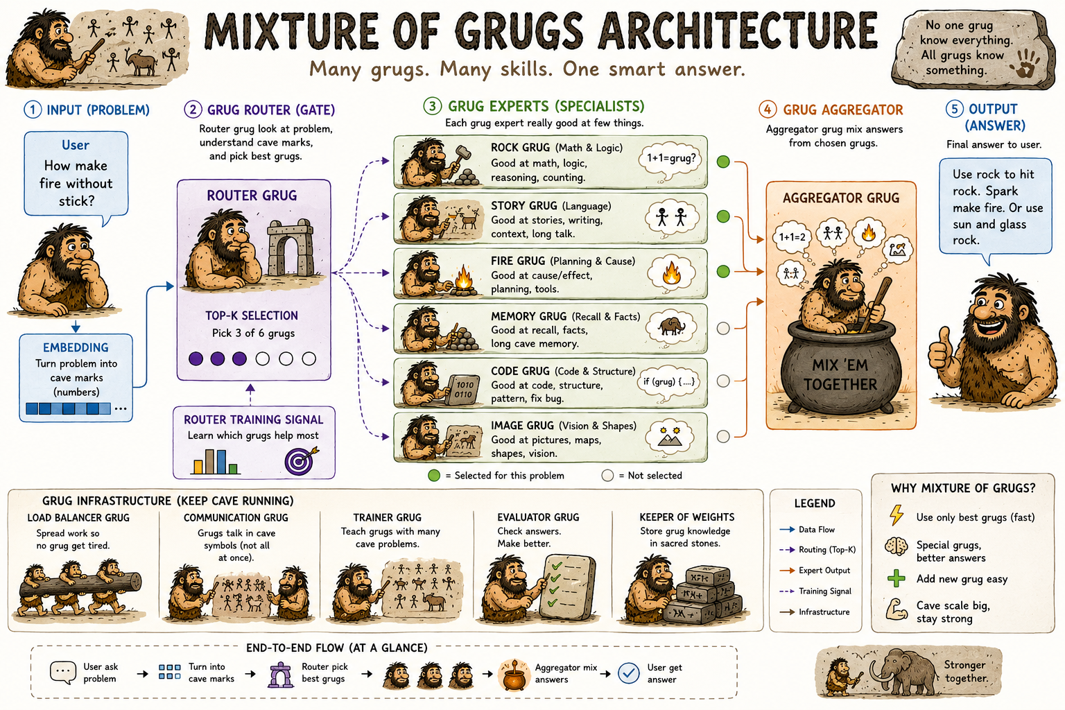 Mixture of Grugs Architecture: a cave-drawing style diagram of a mixture-of-experts pipeline — input, router grug (top-k selection), six grug experts, aggregator grug, and output.
